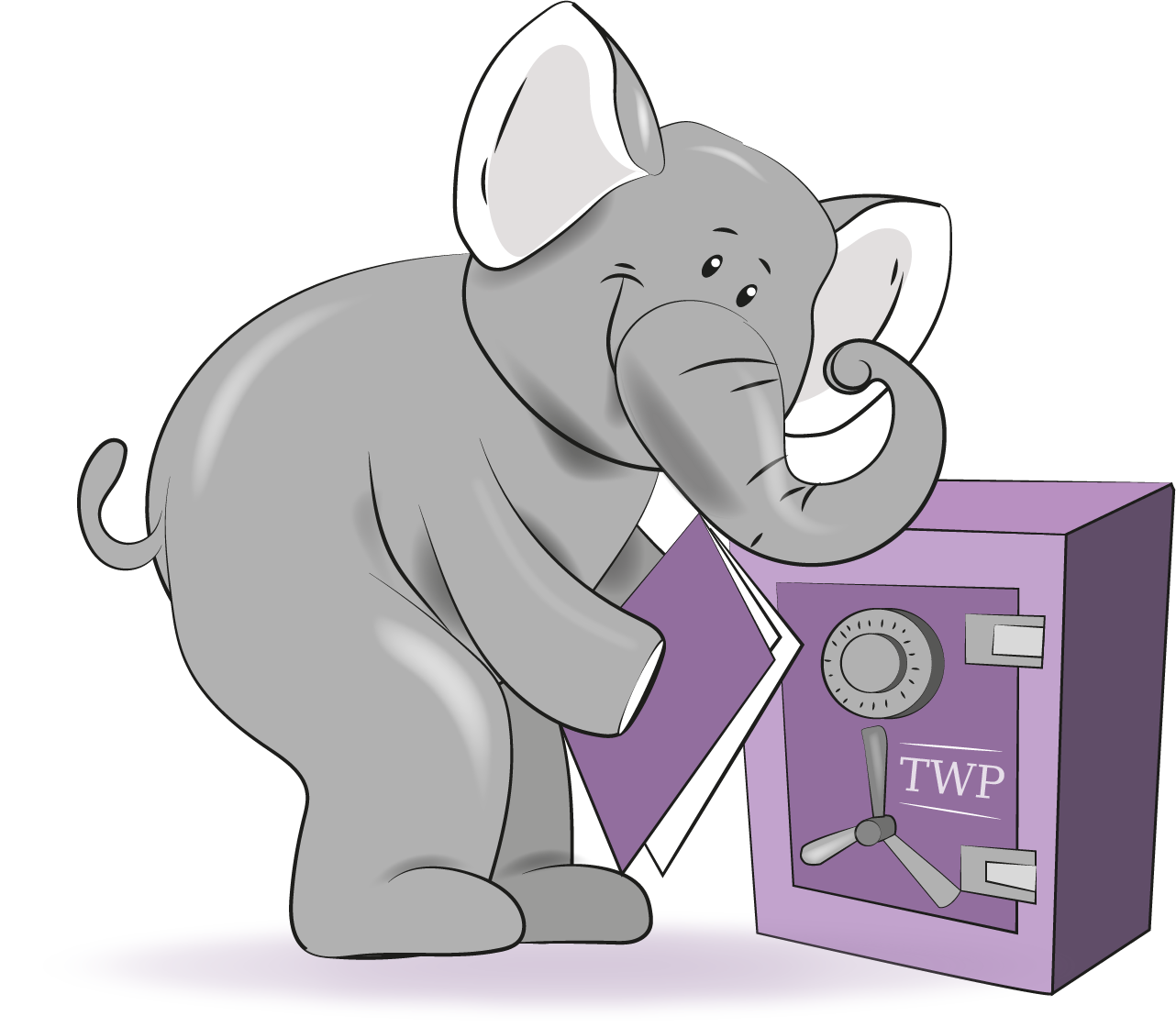 A cartoon gray elephant standing by a purple safe, putting a purple folder inside it.