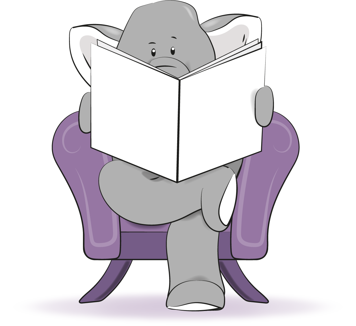 A gray cartoon elephant sitting in a purple armchair while reading a large, open book.