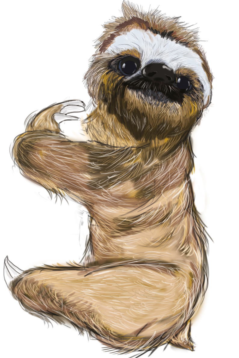 A digital drawing of a cute sloth with a white face mask, smiling and waving while seated on the floor.