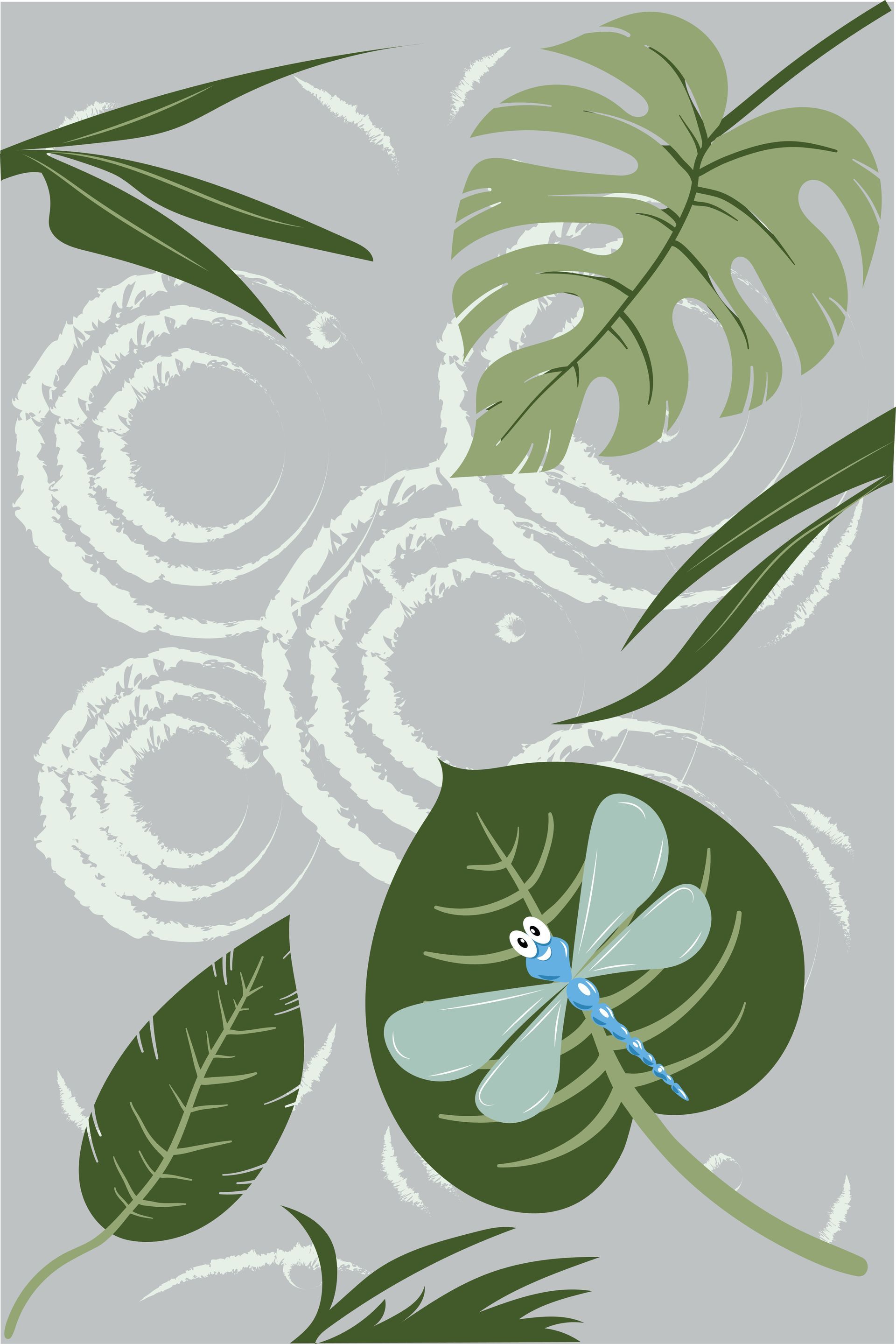 A light blue dragonfly rests on a large green leaf, surrounded by other leaves and abstract circular patterns.