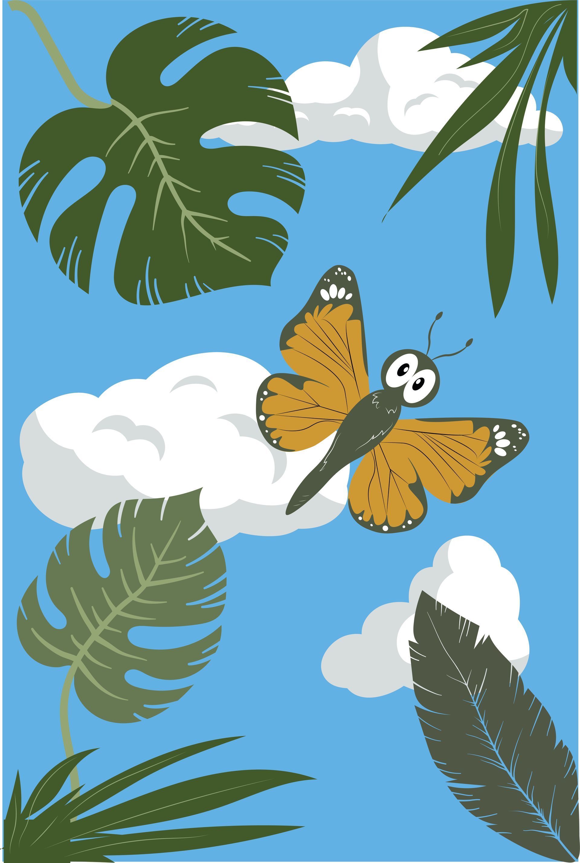 A whimsical cartoon butterfly flies against a blue sky with fluffy white clouds and green tropical leaves.