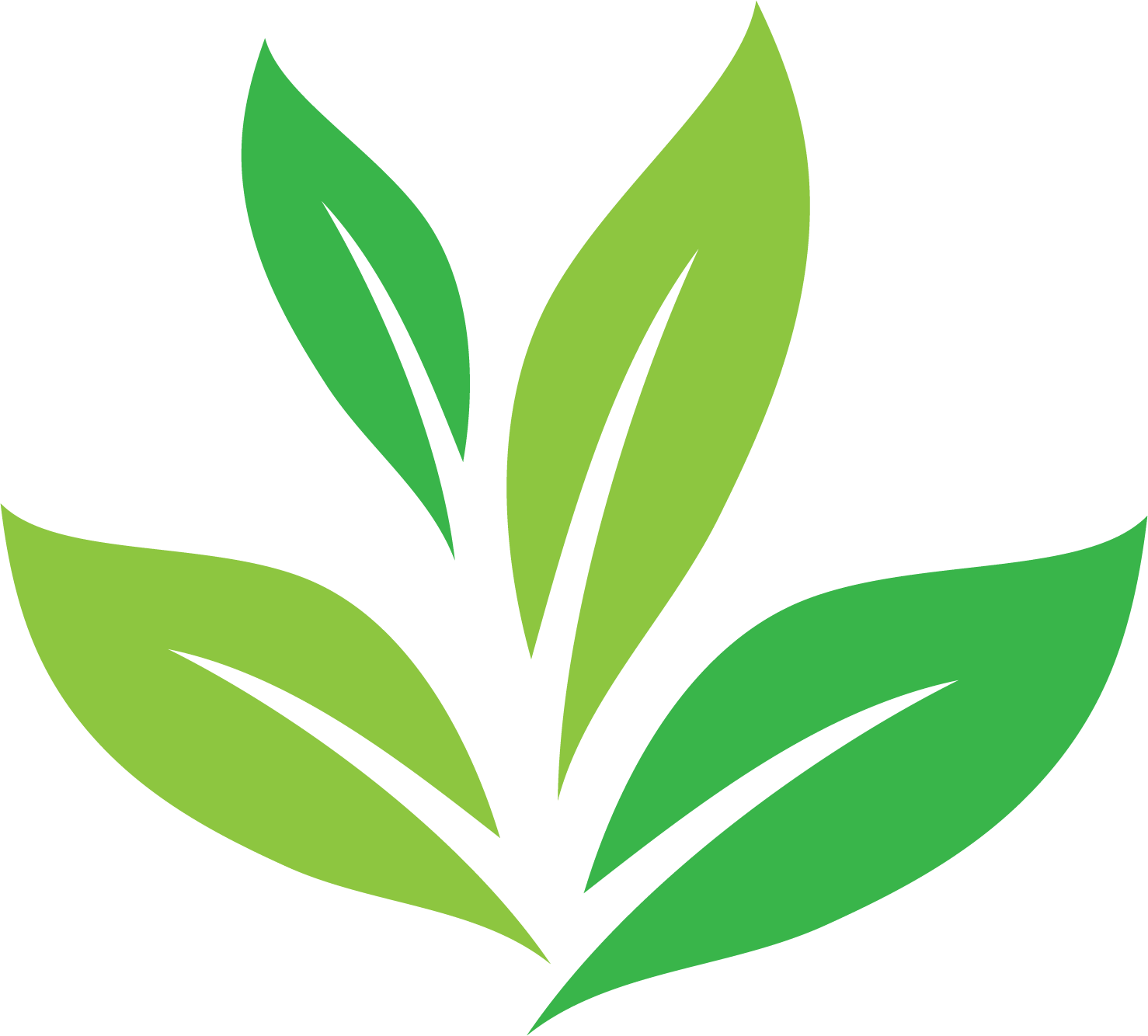 A minimalist graphic of four stylized leaves in shades of light and vibrant green arranged symmetrically.