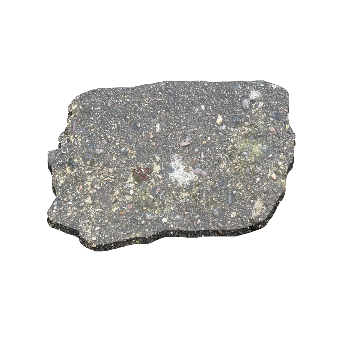 A small, dark gray, irregular-shaped piece of asphalt or stone gravel with a textured, speckled surface.
