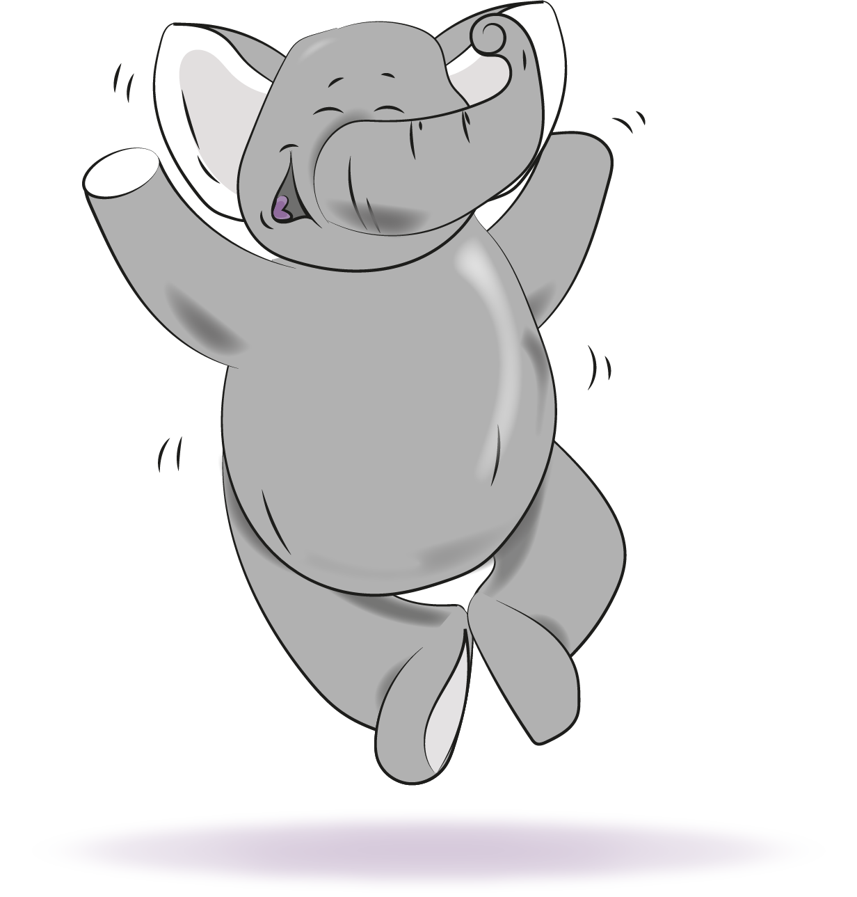 A happy gray elephant jumping for joy with its arms raised and eyes closed.