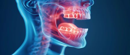 A gloved professional points to a specific area on a panoramic dental X-ray displayed on a screen.