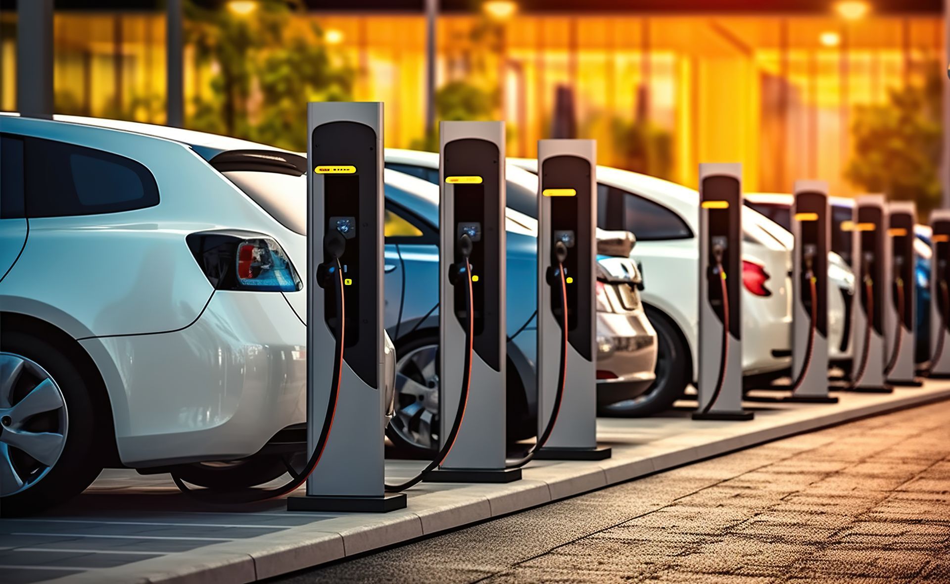 Electric cars plugged into a row of charging stations at dusk outside a modern building.