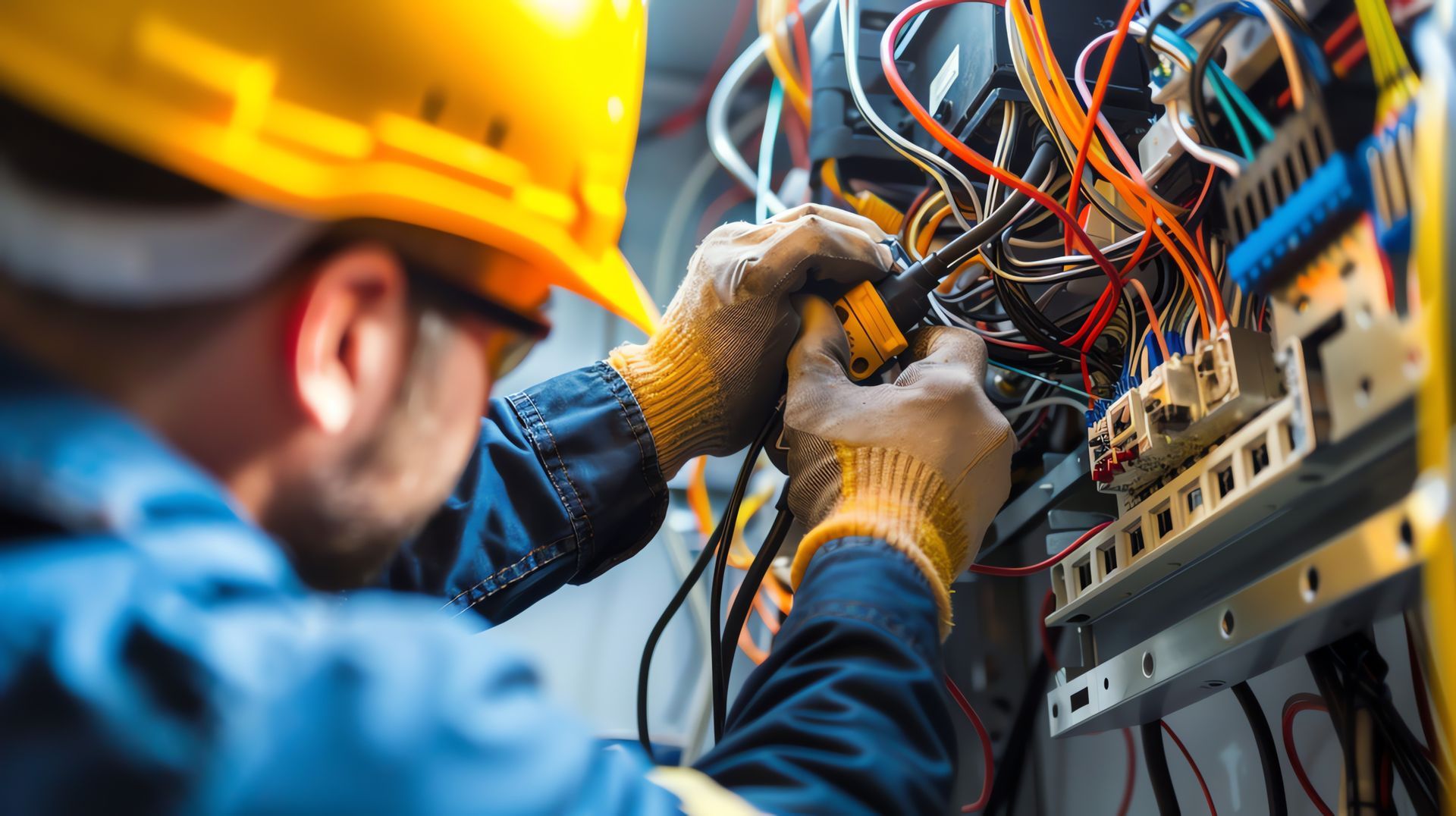 Electrician in yellow hard hat wiring an electrical panel with colorful cables and tools