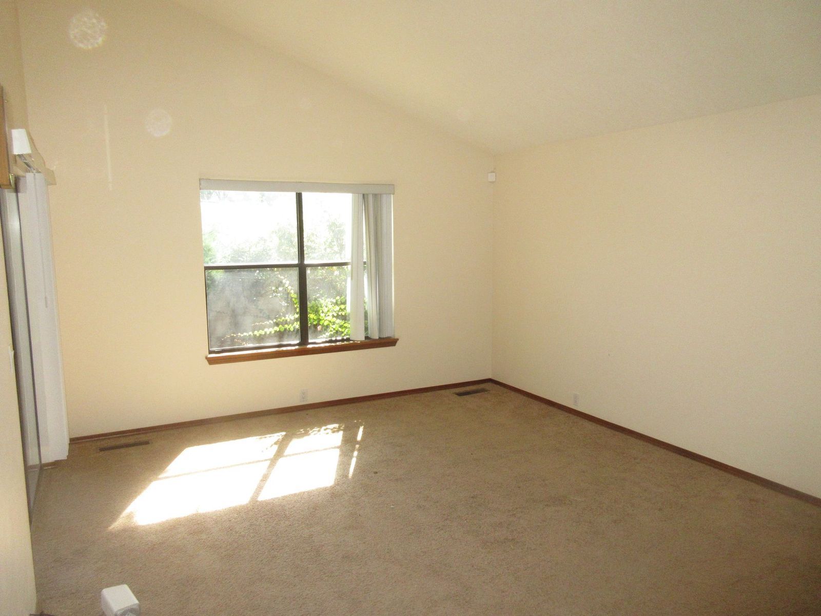 Empty room with vaulted ceiling, window, and carpet.