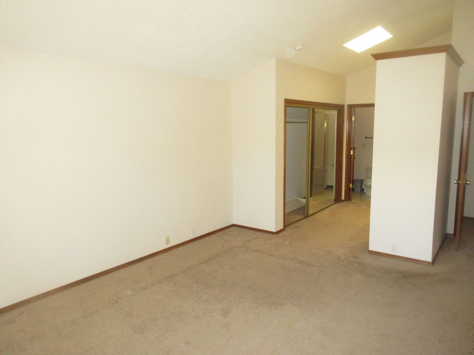 Empty room with beige carpet and walls. Closet with sliding doors is visible.