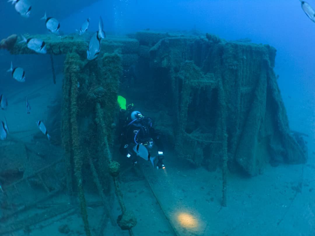 A scuba diver is looking at a shipwreck in the ocean.