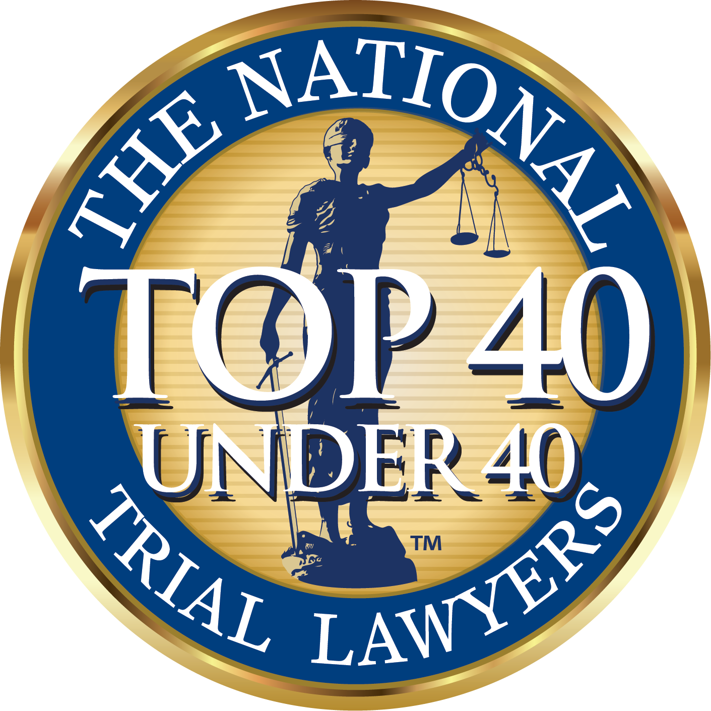 A blue and gold seal for The National Top 40 Under 40 Trial Lawyers with a central silhouette of Lady Justice.
