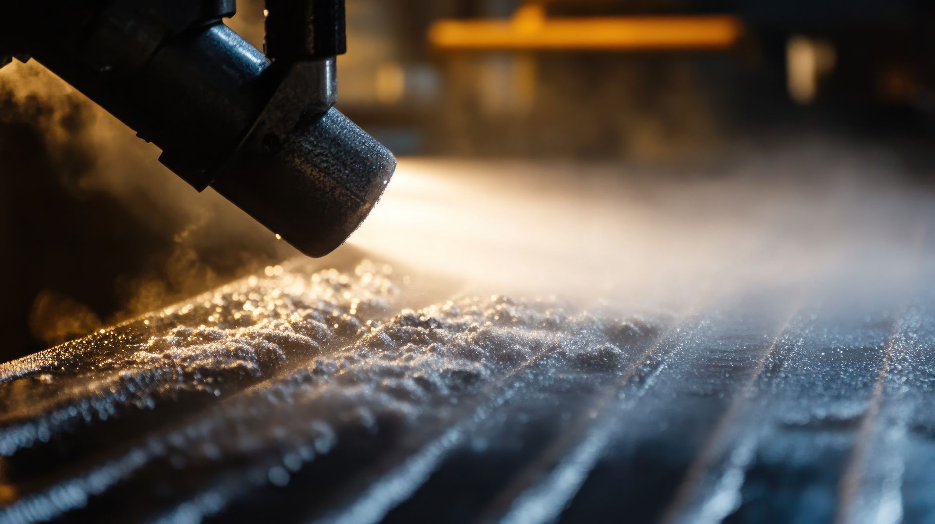 Close-up of a nozzle spraying a fine mist onto a metal surface in an industrial setting.