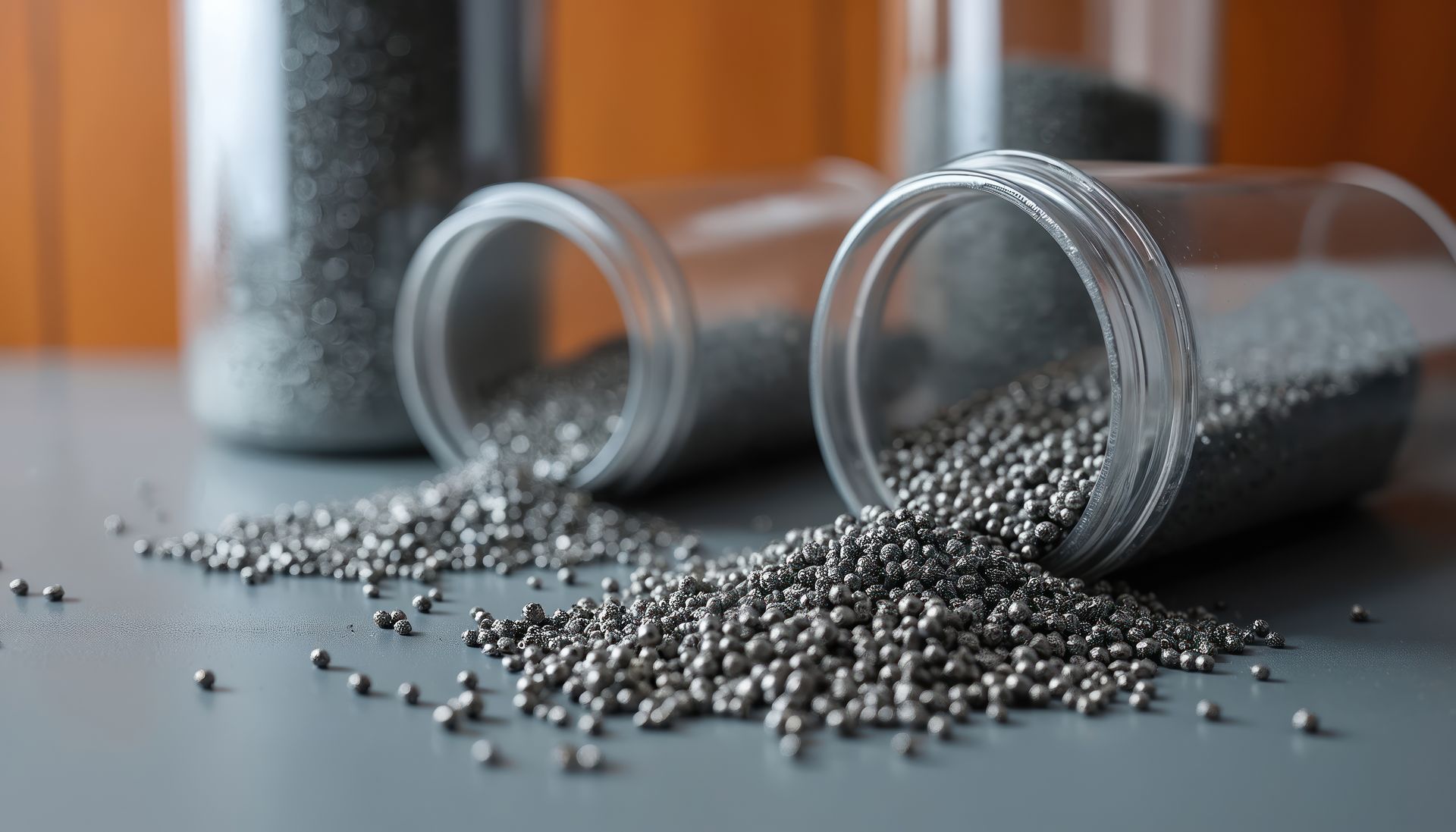 Small gray metal spheres spilling from overturned clear plastic containers.