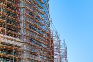 Metal scaffolding on the side of a building.