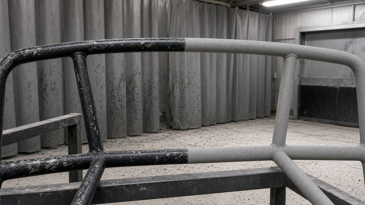 Steel furniture frame half stripped by blasting, worn black powder coat next to bare gray steel