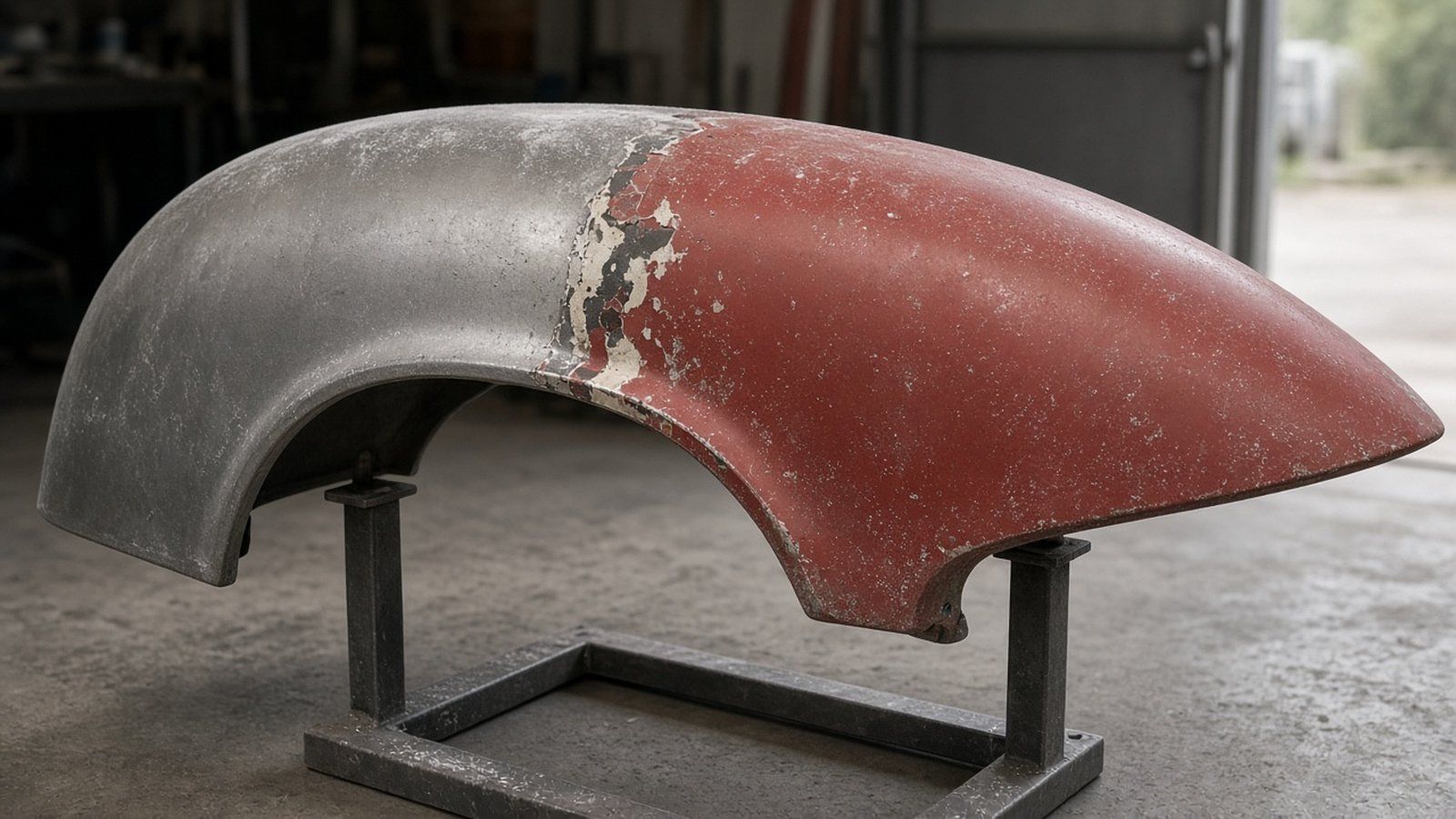 Steel car fender on a shop stand, half stripped to bare gray metal, half in old flaking red paint