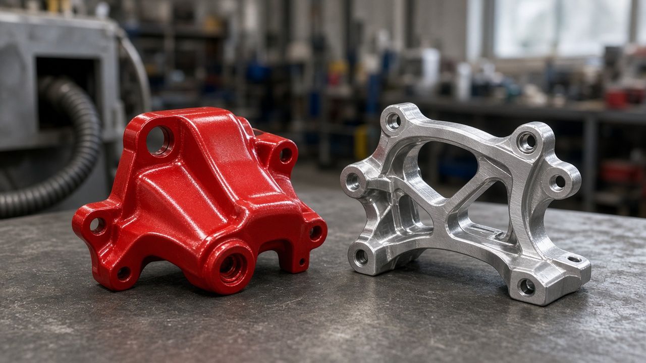 Red powder-coated aluminum part next to a bare aluminum part on a shop bench