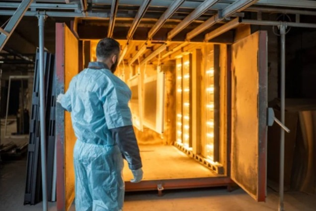 A man is standing in front of a painting oven.