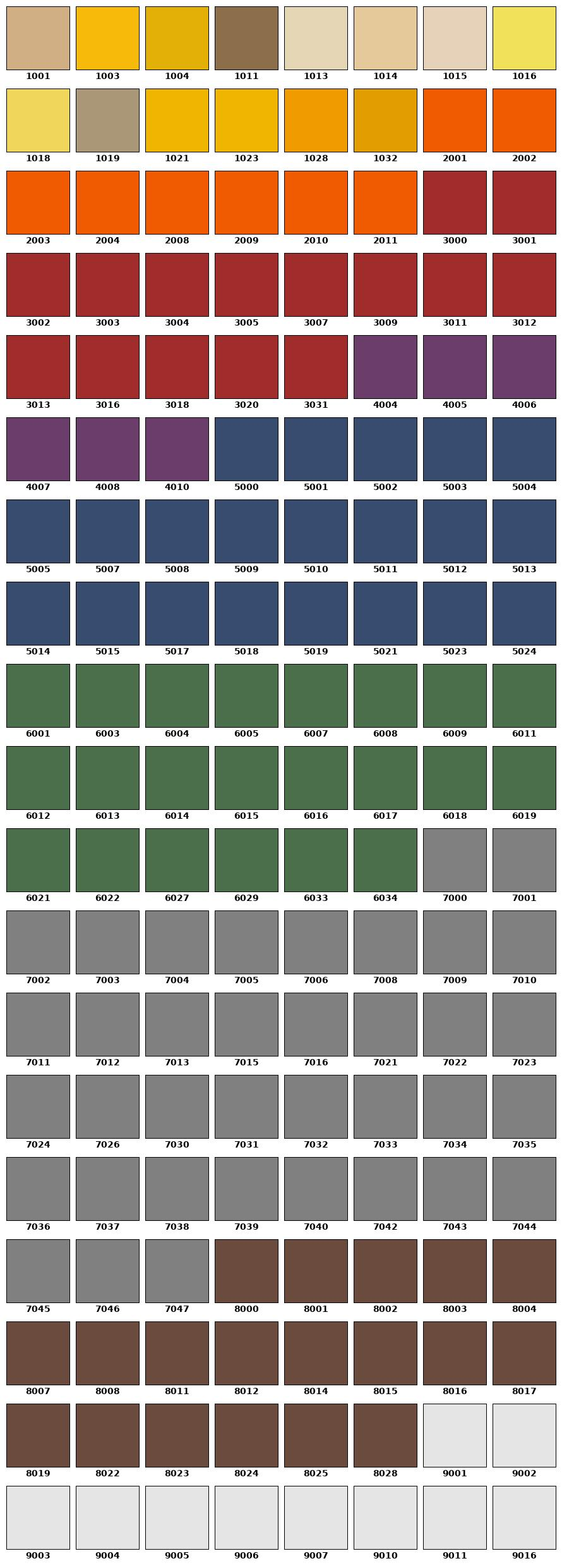 Color swatches arranged in rows and columns showing a variety of hues, shades, and tones.