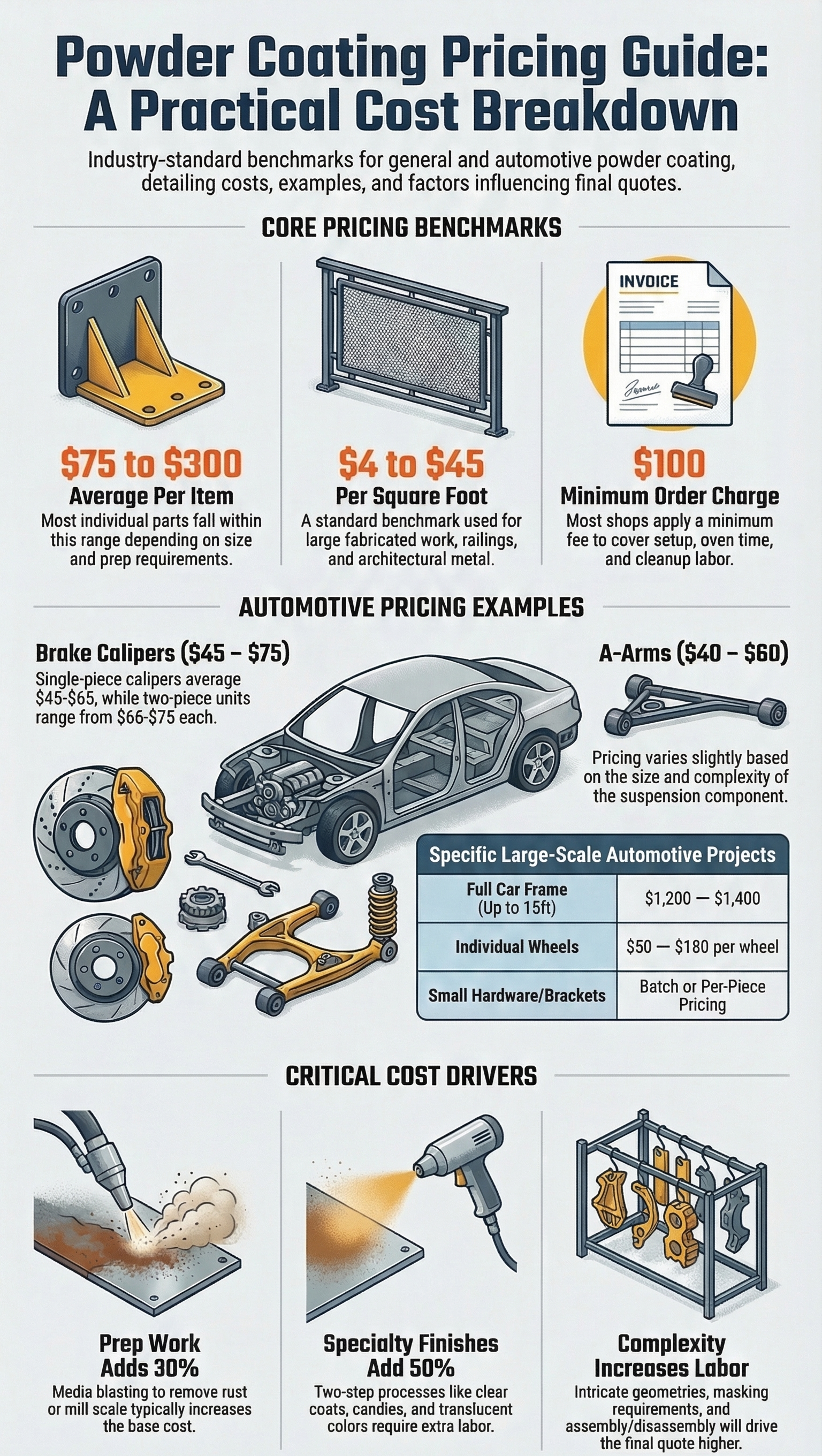 Infographic about powder coating costs, showing price ranges for various items, with examples.
