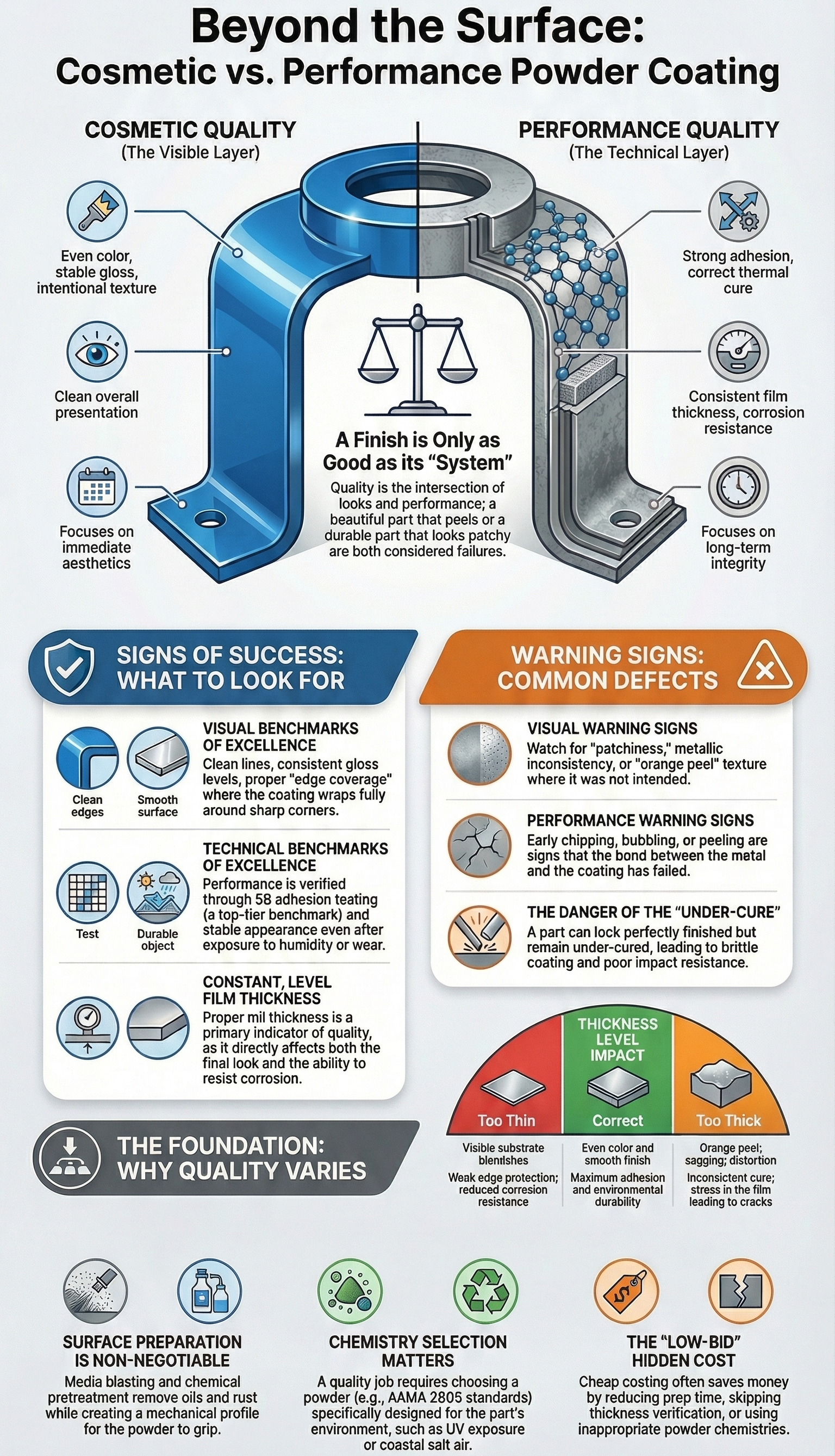 Infographic comparing cosmetic vs. performance powder coating, including quality signs, common defects, and industry tips.