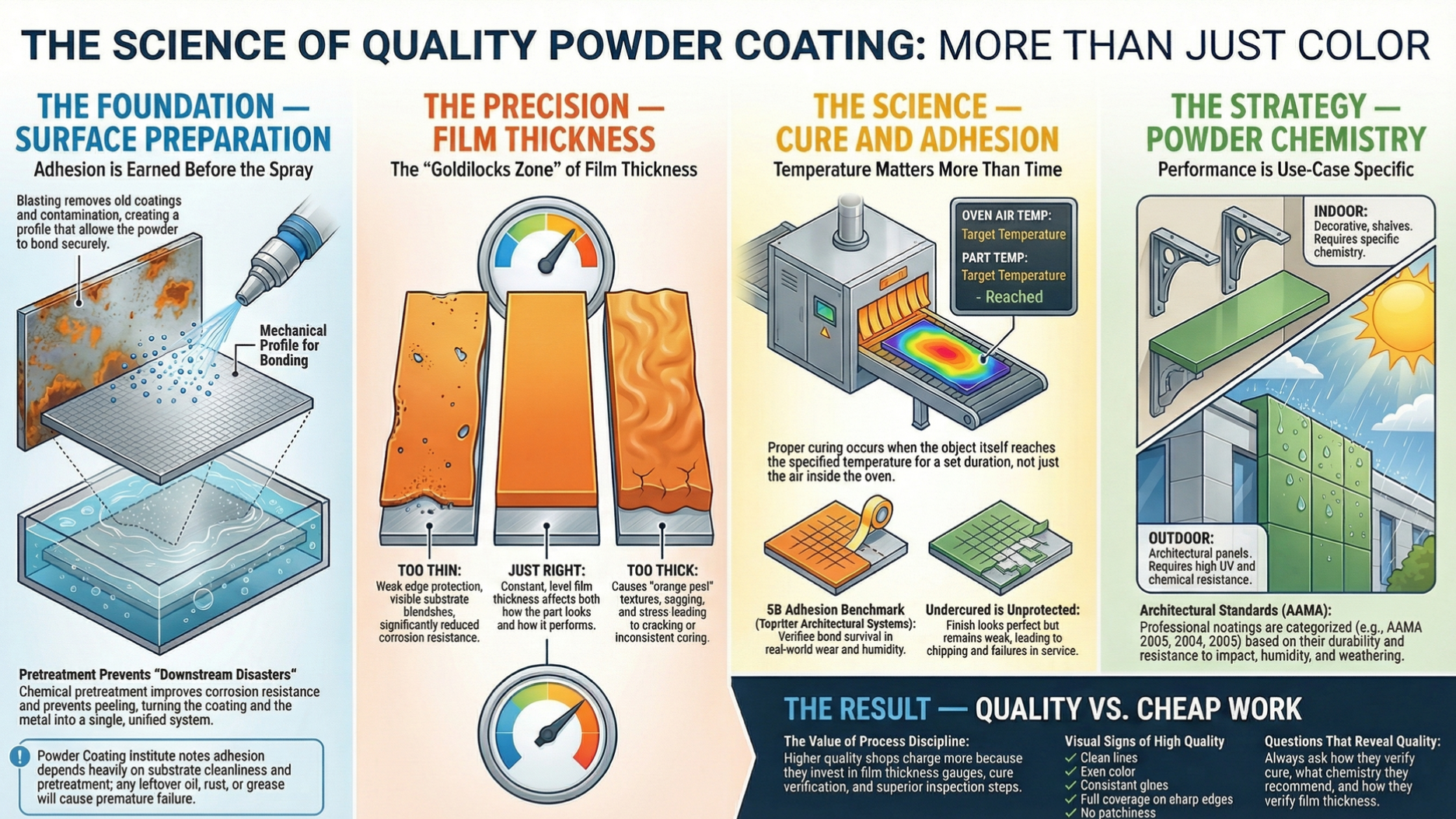 Infographic explaining the four stages of quality powder coating: surface preparation, film thickness, curing, and chemistry.