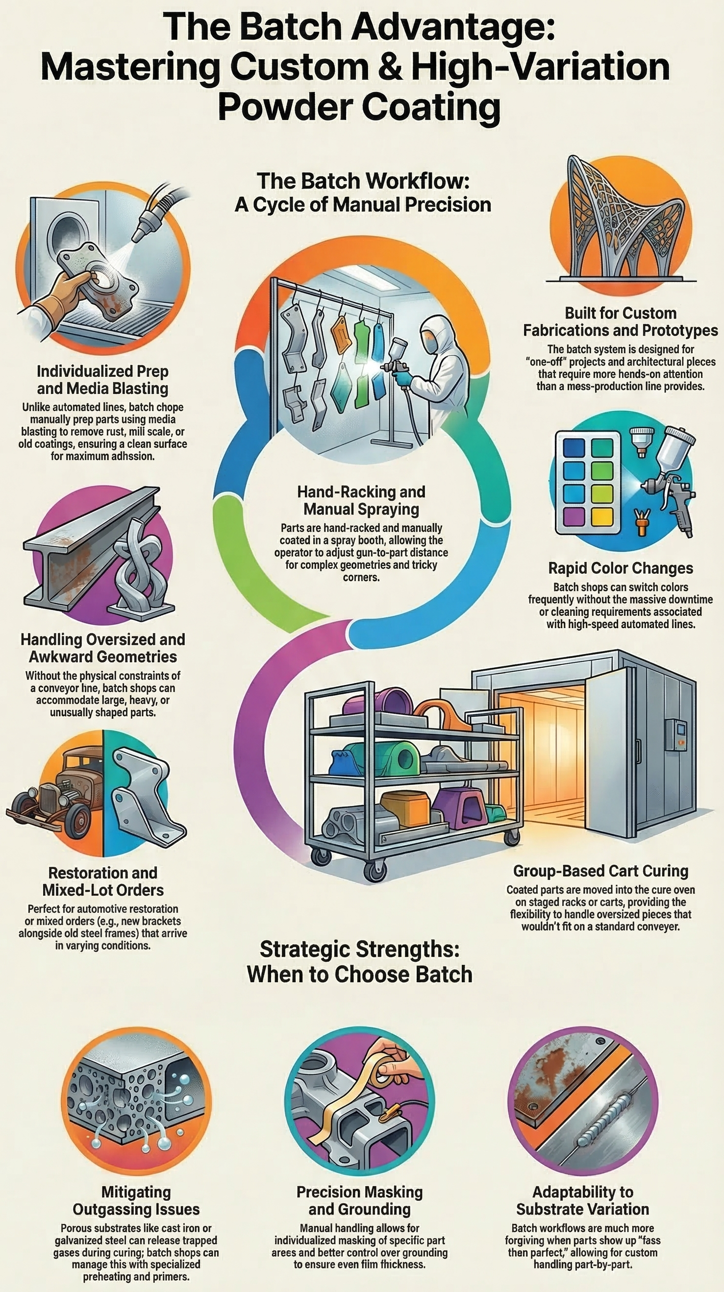 Infographic detailing the batch powder coating process, including workflow steps and strategic advantages for custom parts.