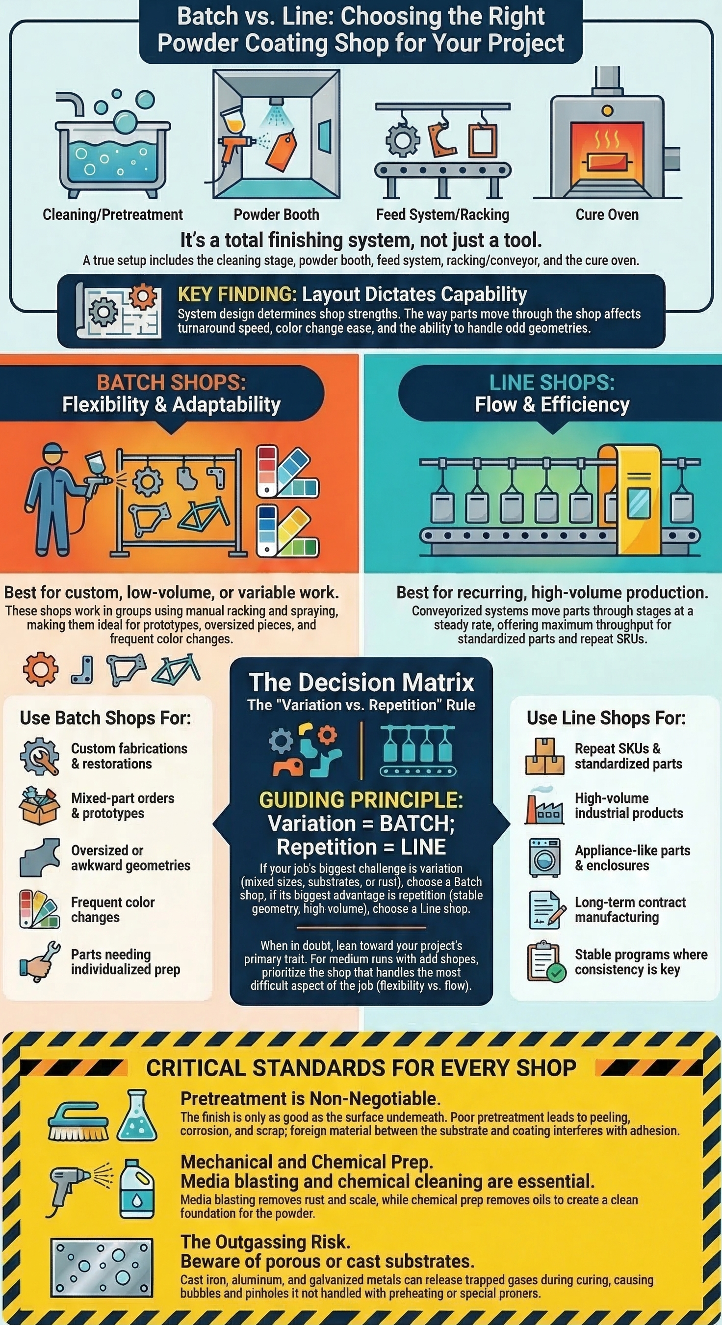Infographic comparing batch vs. line powder coating shops, highlighting key processes, benefits, and quality standards.