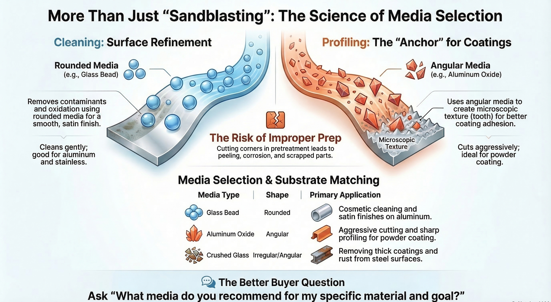 An infographic comparing rounded and angular media for cleaning and profiling surfaces before industrial coating.