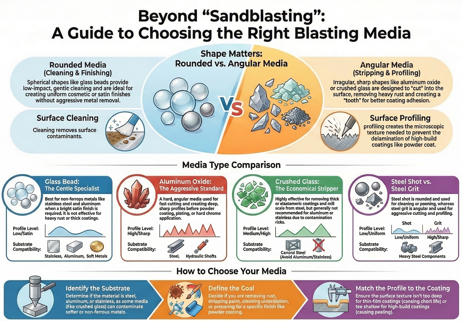 Infographic guide to choosing blasting media, comparing rounded versus angular shapes and various media types for surfaces.