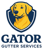 Yellow dog logo above “GATOR GUTTER SERVICES” in navy blue text