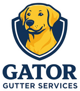 Yellow dog logo above “GATOR GUTTER SERVICES” in navy blue text