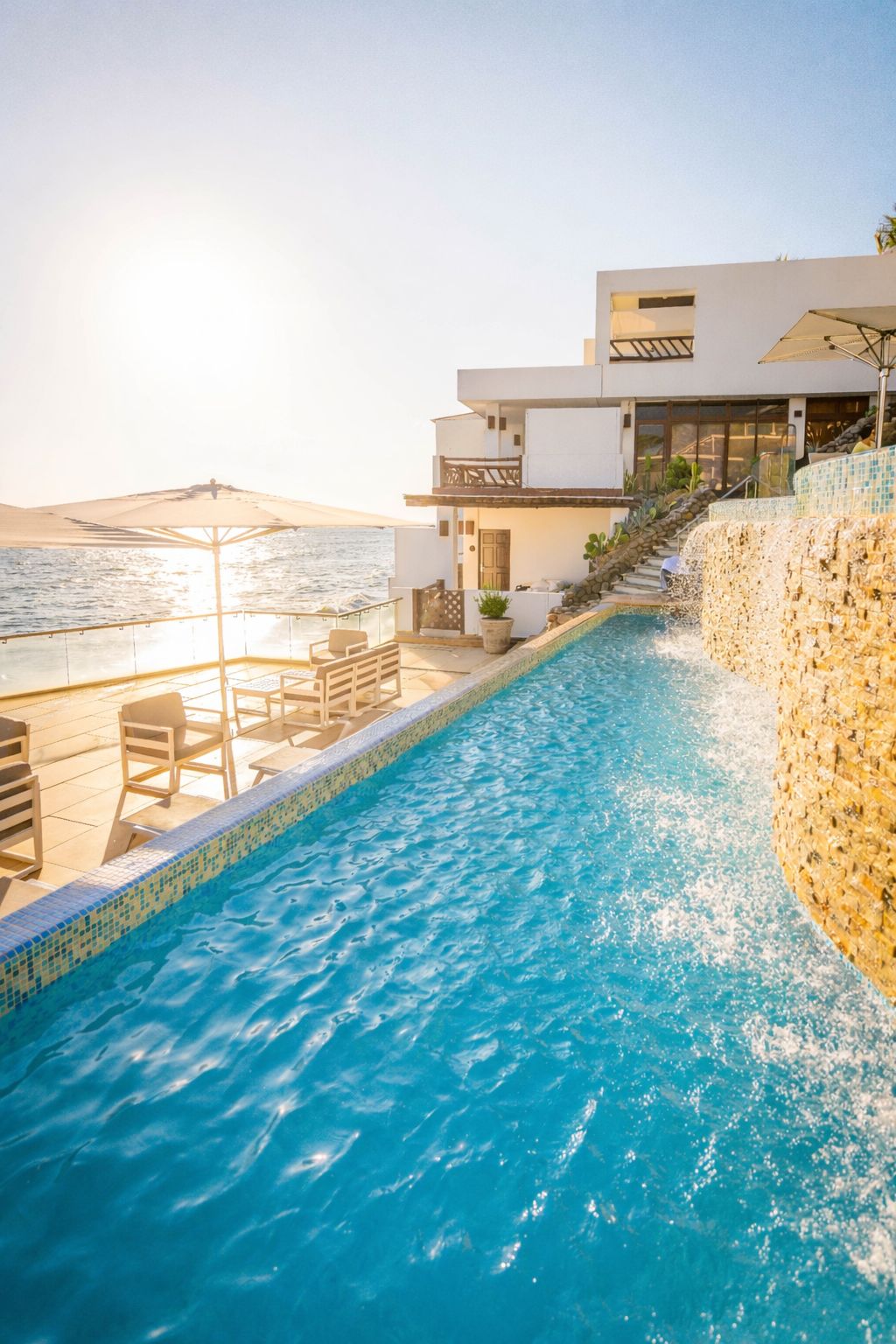 A scenic infinity pool overlooking the ocean at sunset, featuring a cascading waterfall wall next to a white villa.