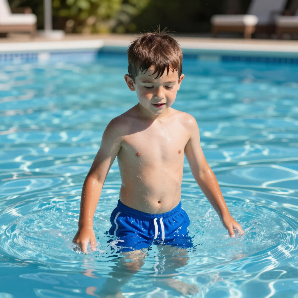 Child standing in a clear blue swimming pool, wearing blue swim trunks, looking down at the water.