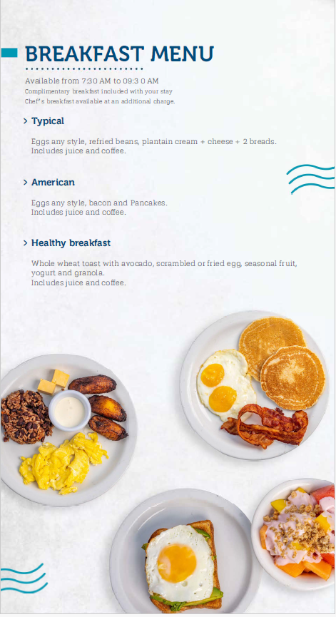 Breakfast menu page with listed items and photos of eggs, fruit, bacon, and toast on white plates.
