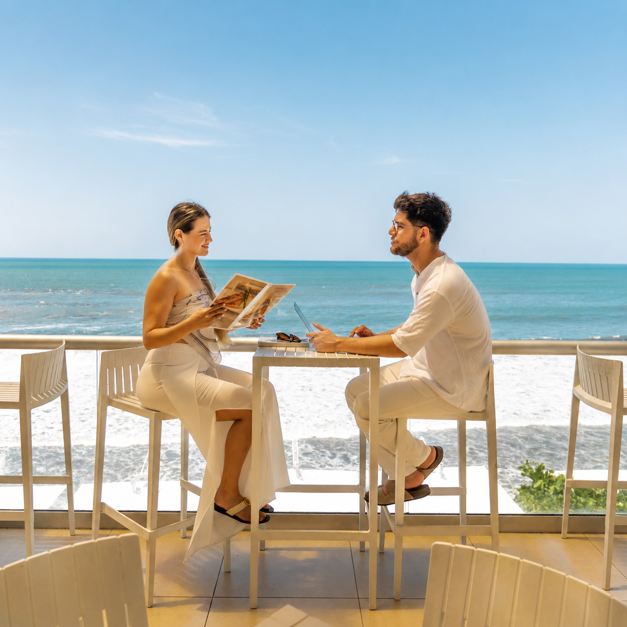 Two people dine at a seaside table, reading a menu with the ocean behind them.