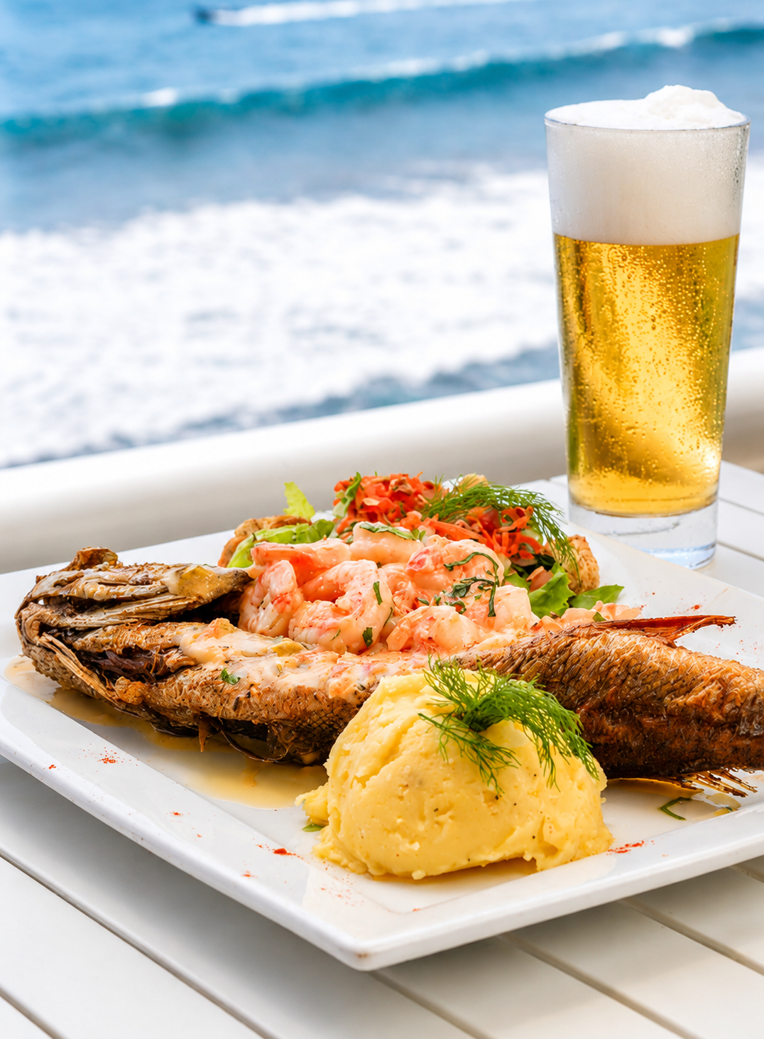 Grilled fish with shrimp and mashed potatoes beside a beer on a beachside table