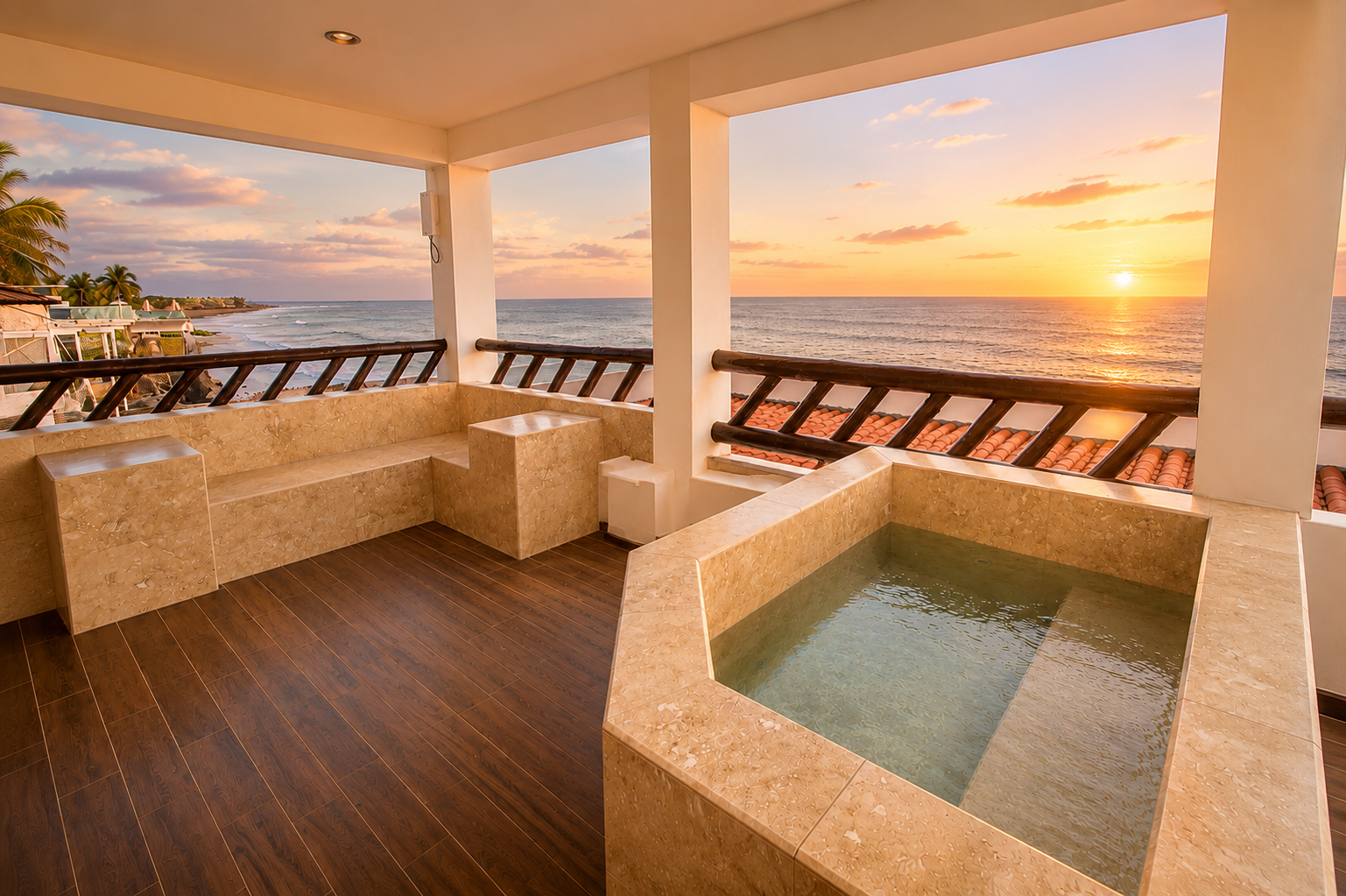 Sunset view from a balcony with a wooden deck and two stone hot tubs overlooking the ocean