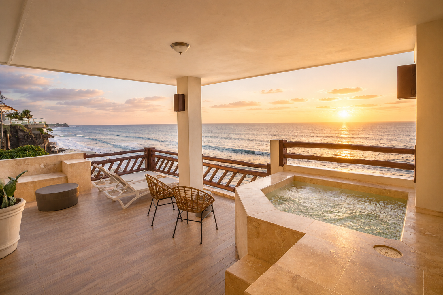 Sunset view from a seaside patio with chairs, dining table, and a hot tub overlooking the ocean