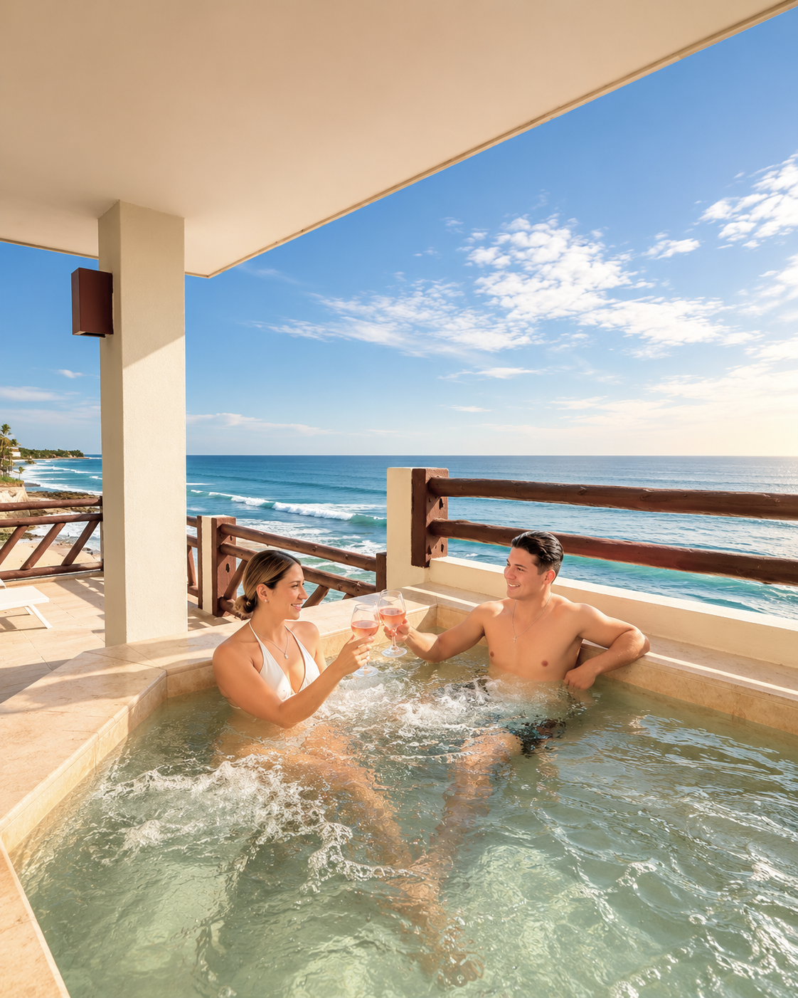 Two people relaxing in a hot tub on a seaside balcony with ocean and blue sky views