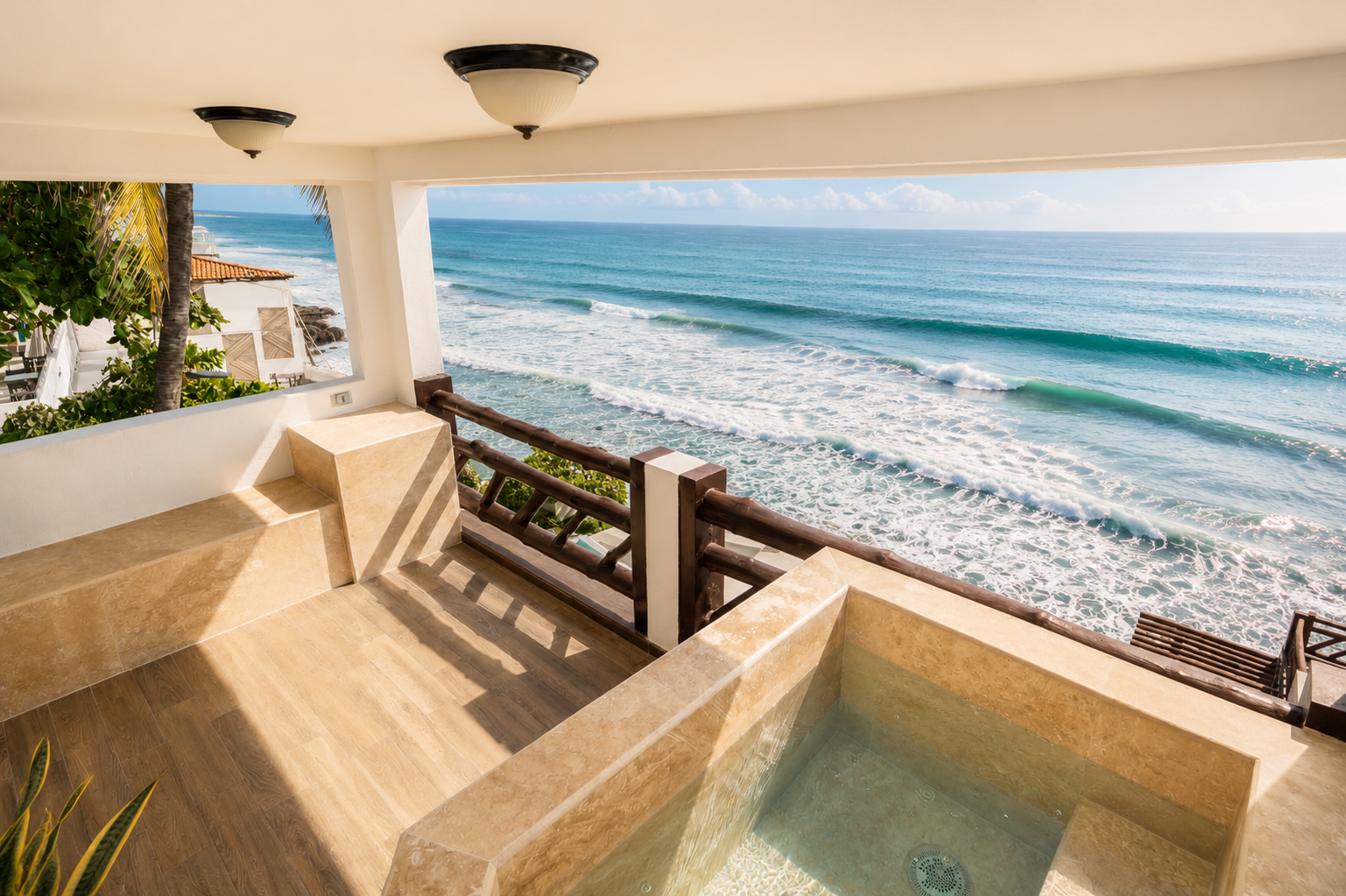 Oceanfront balcony with hot tub, beige seating, and a view of turquoise waves.