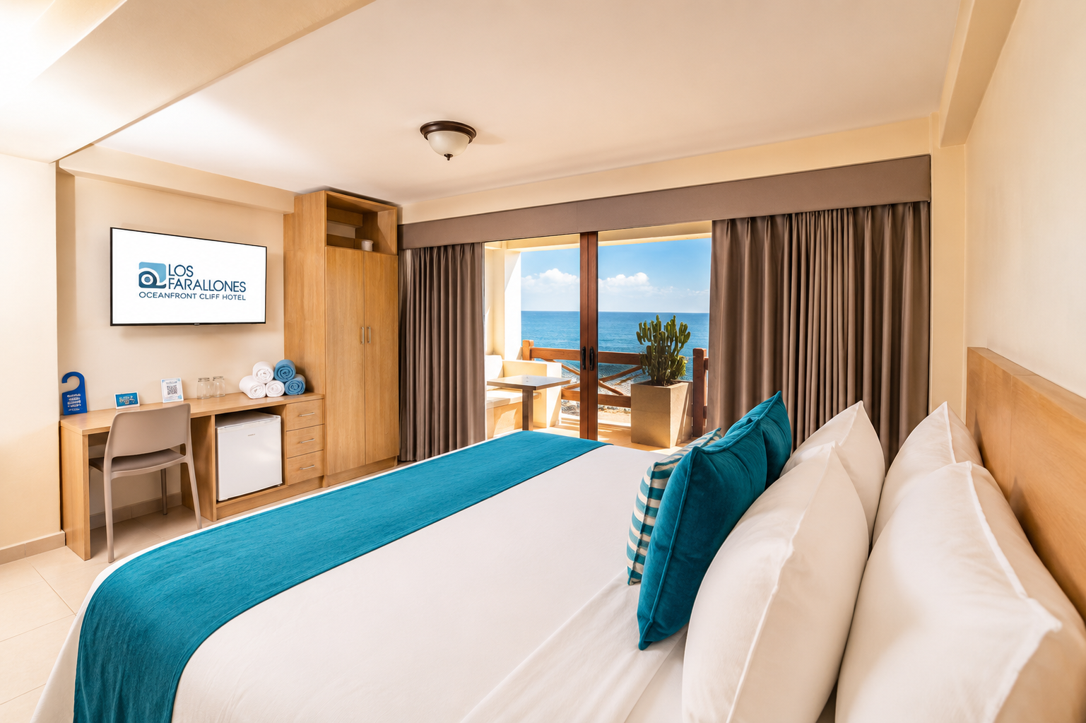 Bright hotel room with two beds, balcony sea view, and desk by the window