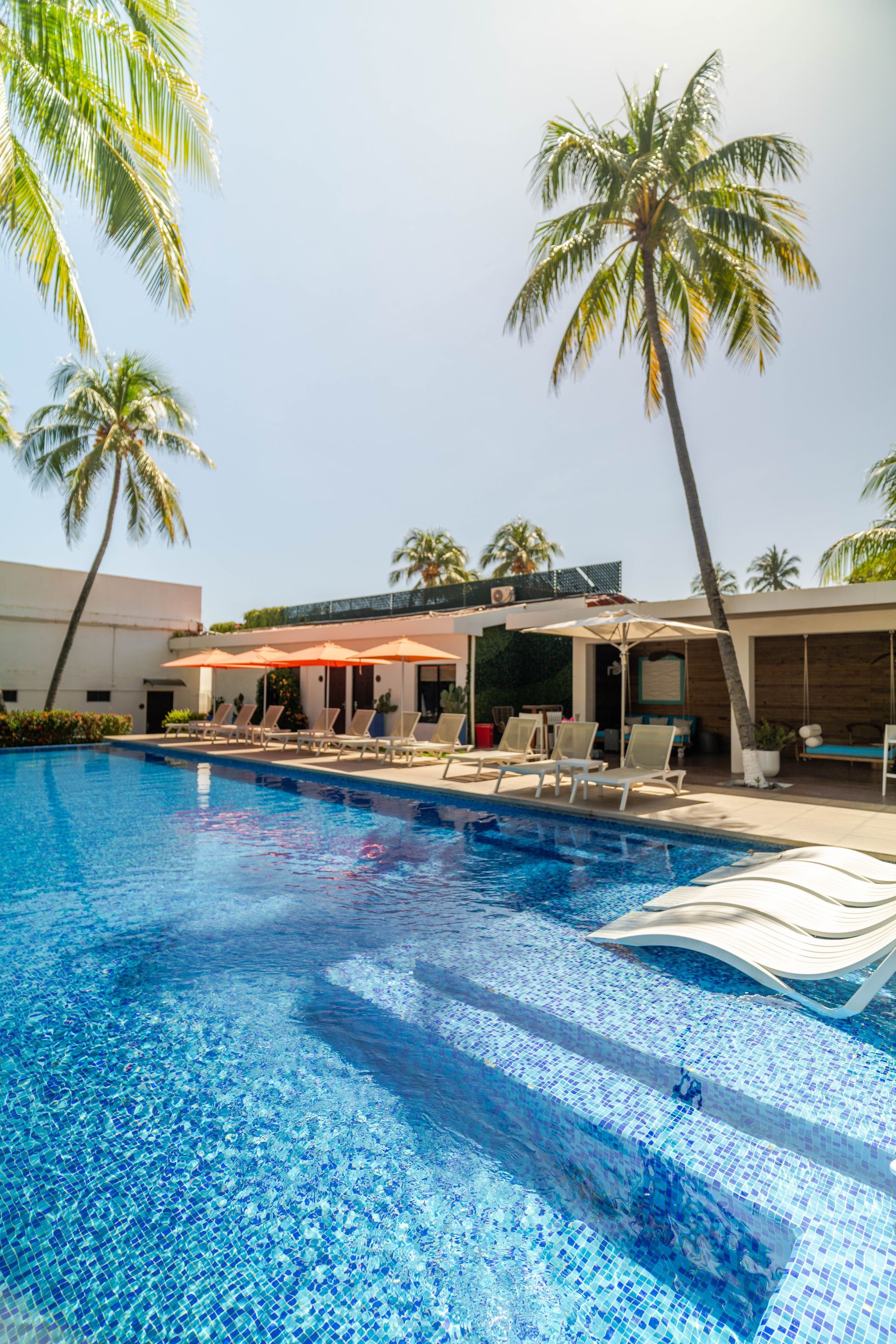 A swimming pool with blue tiled water and lounge chairs, surrounded by palm trees and umbrellas on a sunny day.