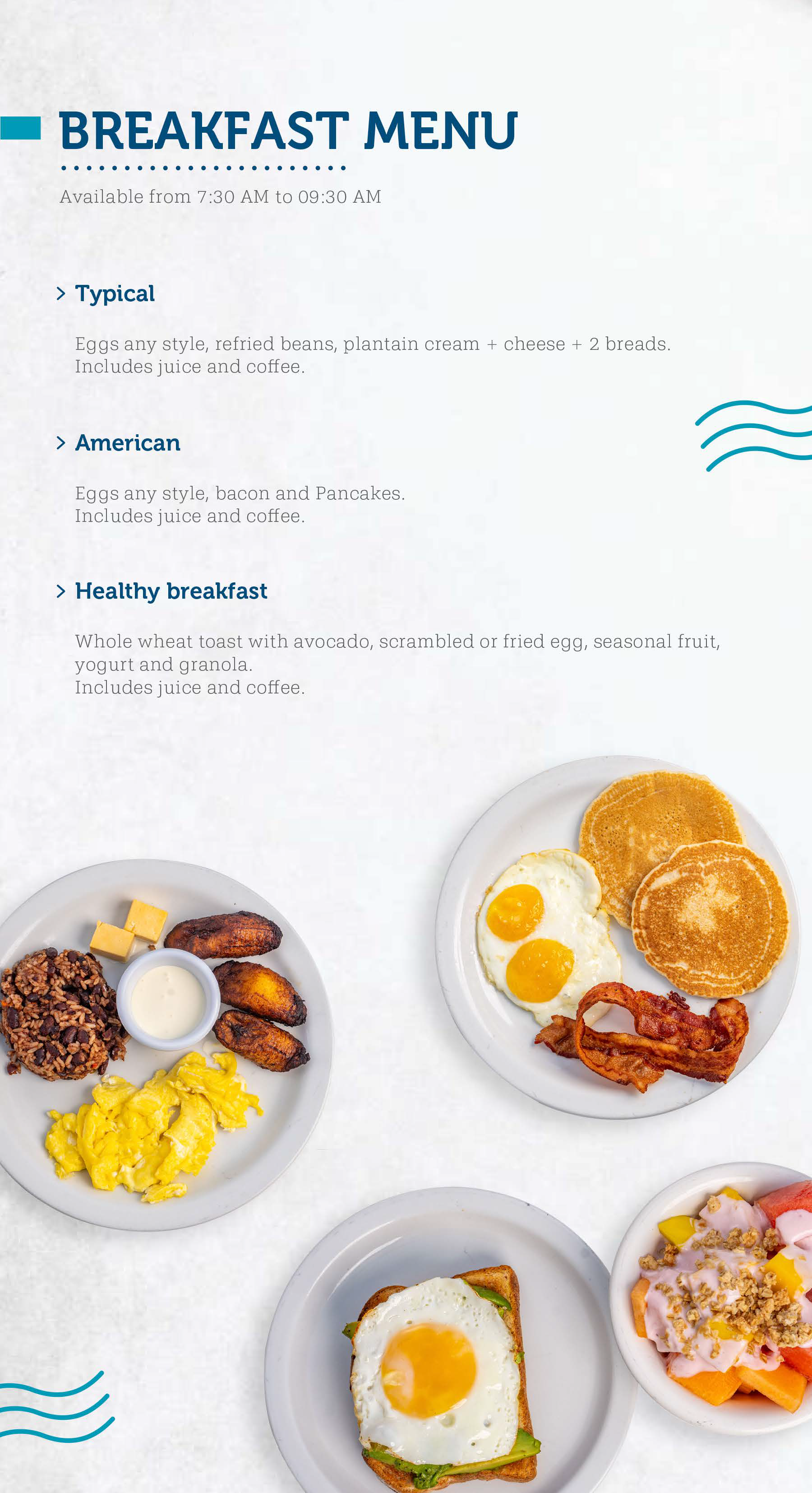 Breakfast menu with text and photos of eggs, pancakes, bacon, fruit, and toast on white plates.