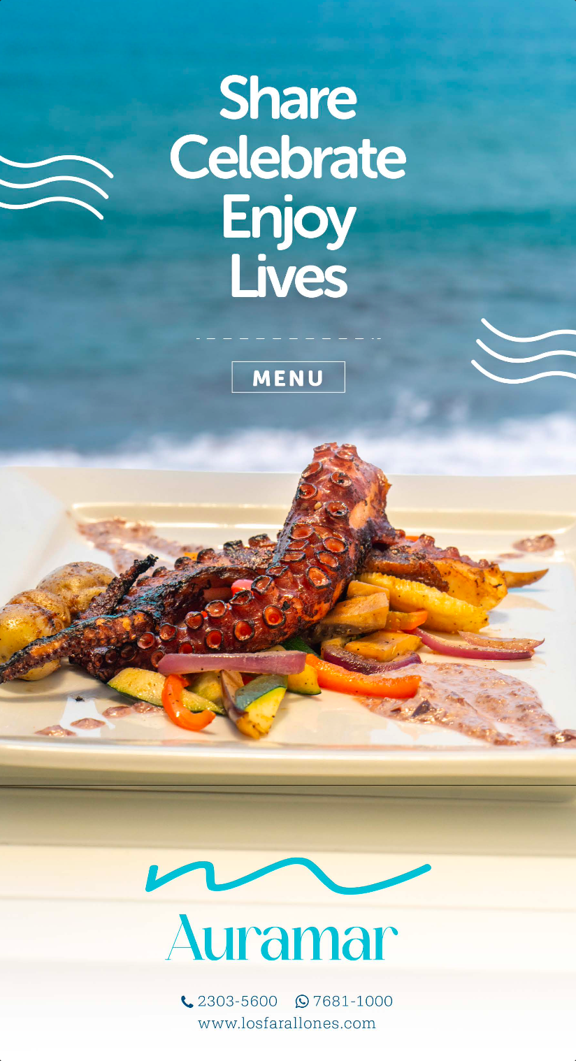 Plated grilled seafood with vegetables on a table, under “Share Celebrate Enjoy Lives” and Auralmar branding.