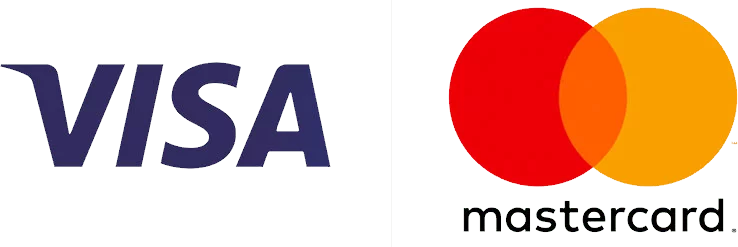 Logos for Visa and Mastercard payment networks side by side.