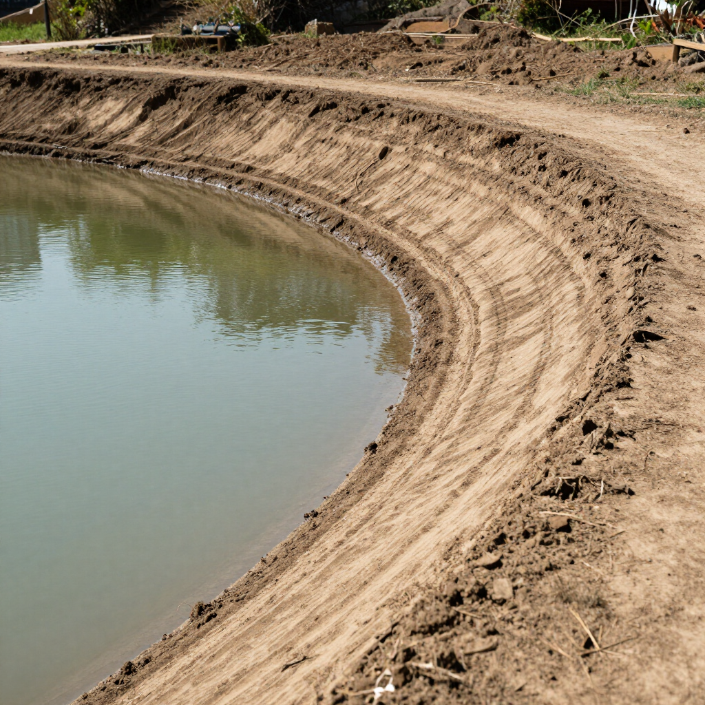 Pond bank being shaped and graded around the waterline