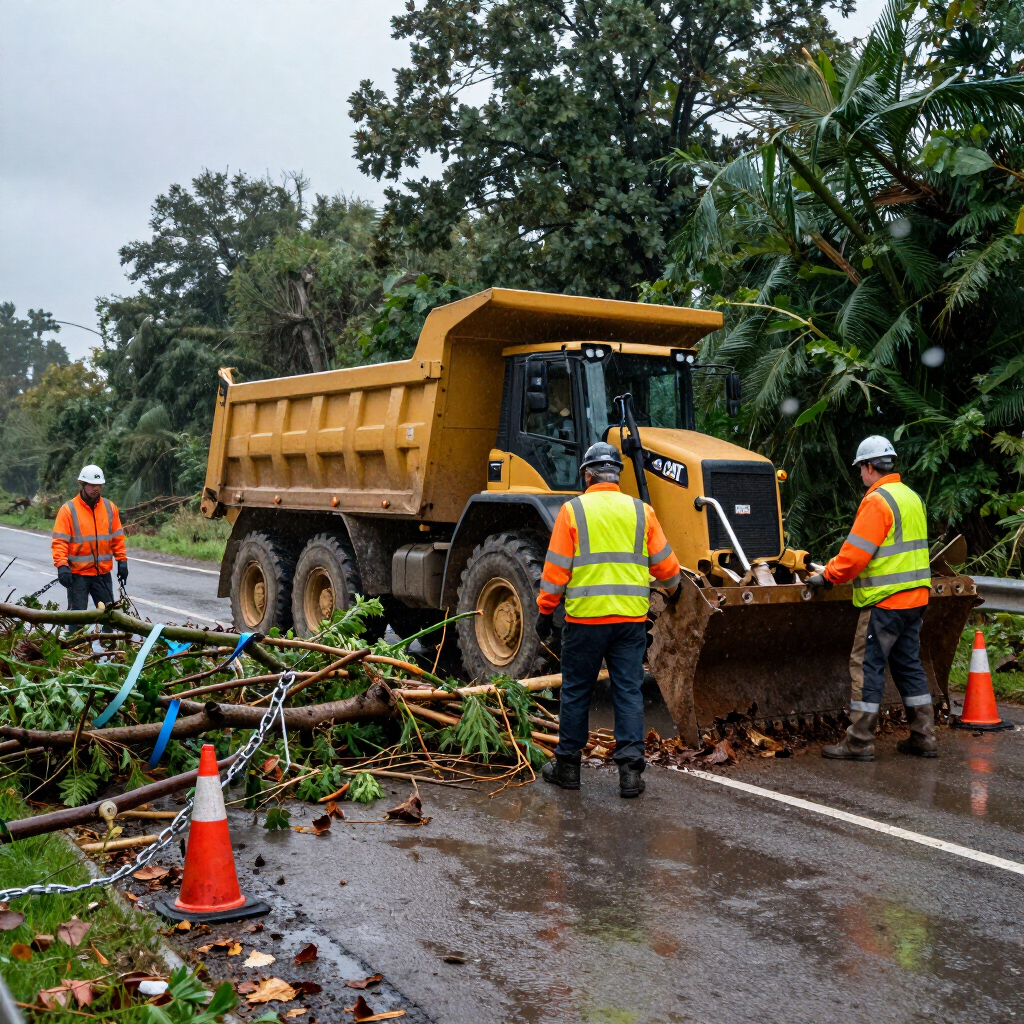 Crew in high-visibility vests with a dump truck and backhoe clearing brush and debris