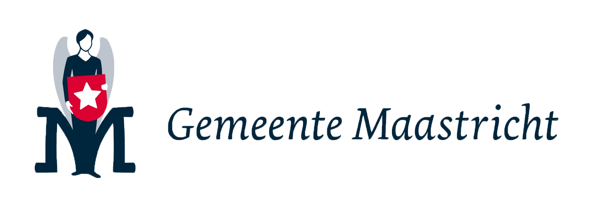 Logo van de gemeente Maastricht met een gestileerde 'M' en een engel die een rood schild met een witte ster vasthoudt.