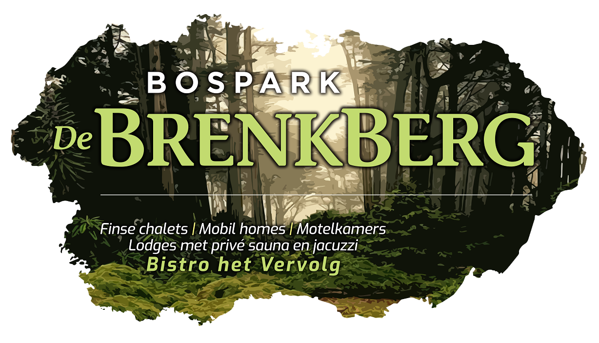 Logo voor Bospark De Brenkberg, een bosrijk park met lodges voorzien van sauna's, bubbelbaden en een bistro, te midden van een bos.